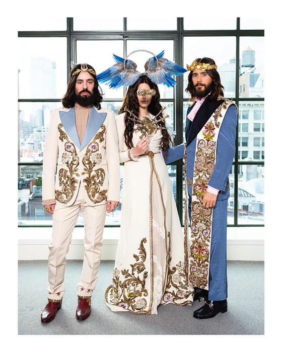 Alessandro Michele, Lana del Rey, and Jared Leto in custom Gucci attire at the Heavenly Bodies Met Gala.
