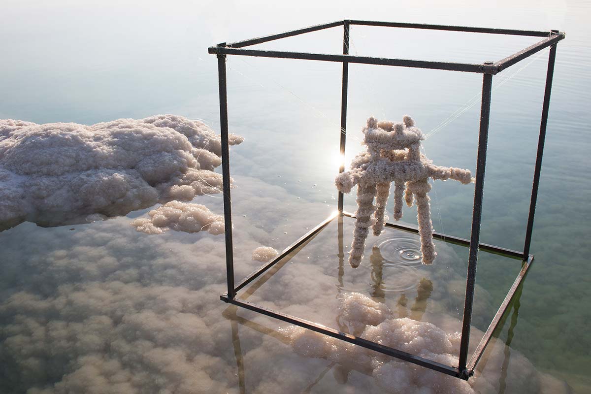Nevi Pana’s sodium-covered stool, scaffolded and lifted from the Dead Sea.