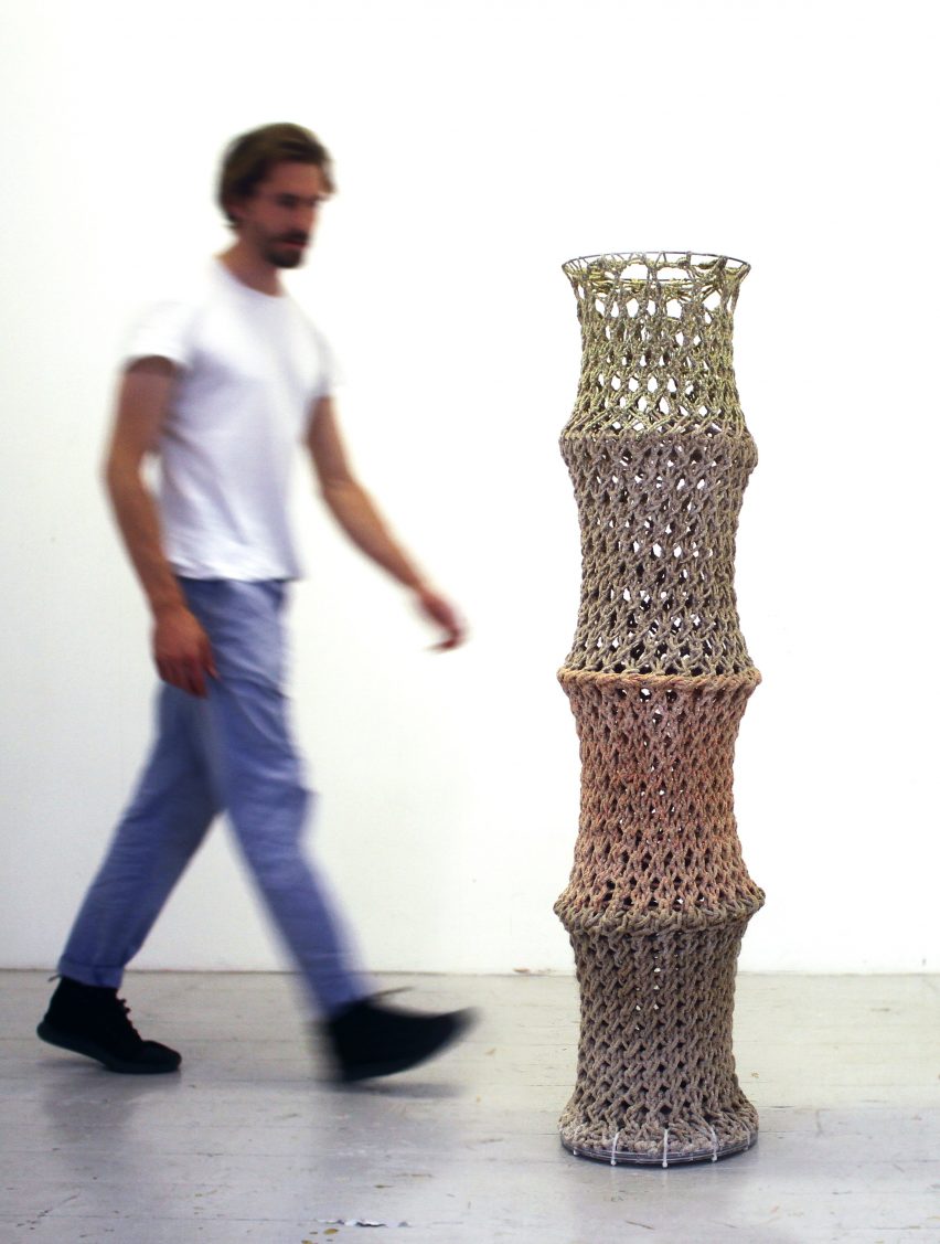 The free-standing calcified textile column, made from jute fibers and porous polyester.