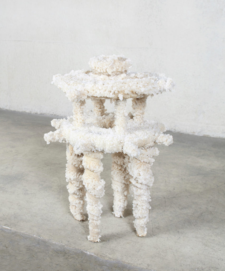 Erez Nevi Pana, Bleached (III), 2018. Salt crystallized loofah over a wooden structure.