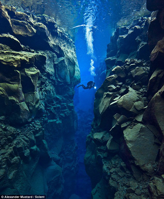80ft into the crevice between the North American and Eurasian plates