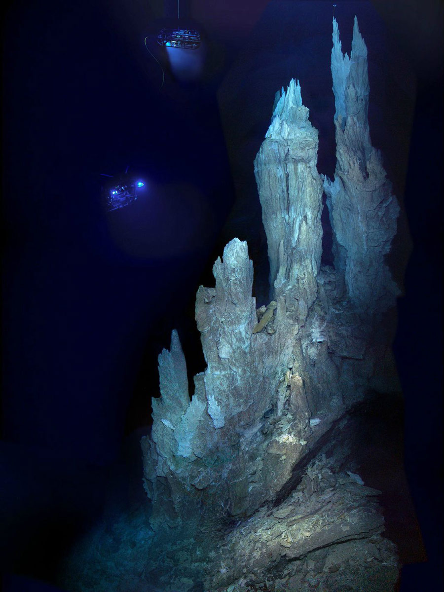Carbonate chimneys of the Lost City imaged during a 2005 expedition to the hydrothermal vent system by a remotely operated vehicle named Hercules.