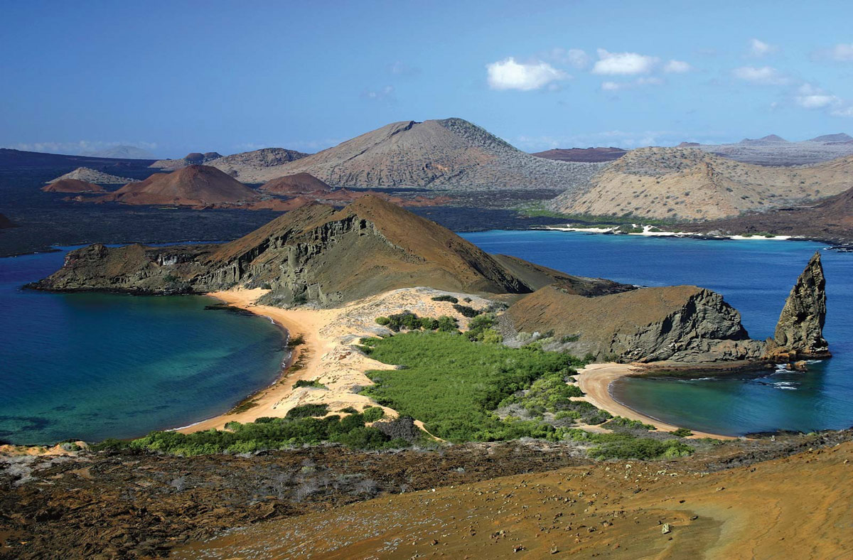Aerial view of Bartolomé Island, a volcanic islet and one of the “younger” islands in the Galápagos archipelago.