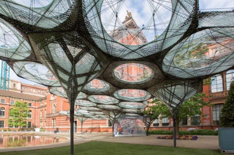 The Elytra Filament Pavilion at the Victoria and Alberta, a robotically woven carbon-fibre pavilion developed by a team from the University of Stuttgart. The web-like design of each component of the Pavilion is based on the fibrous structure of beetle's forewings, called elytra.