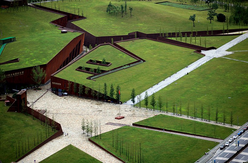 Aerial view of the Wenchuan Earthquake Memorial by Cai Yongjie, taking the form of a cracked landscape.