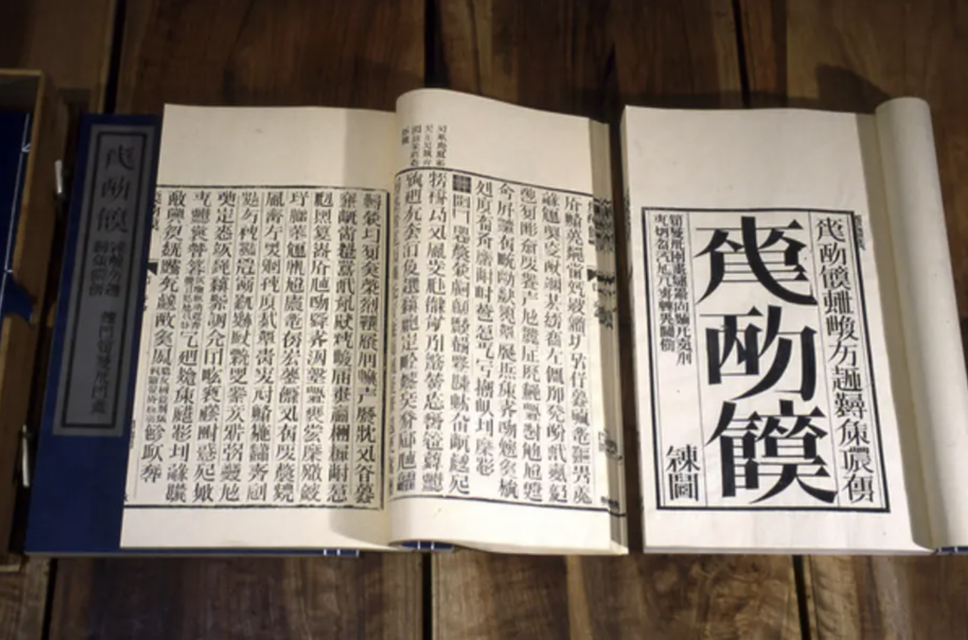 Detail of a single book from "Book from the Sky," showing the fictional writing system.